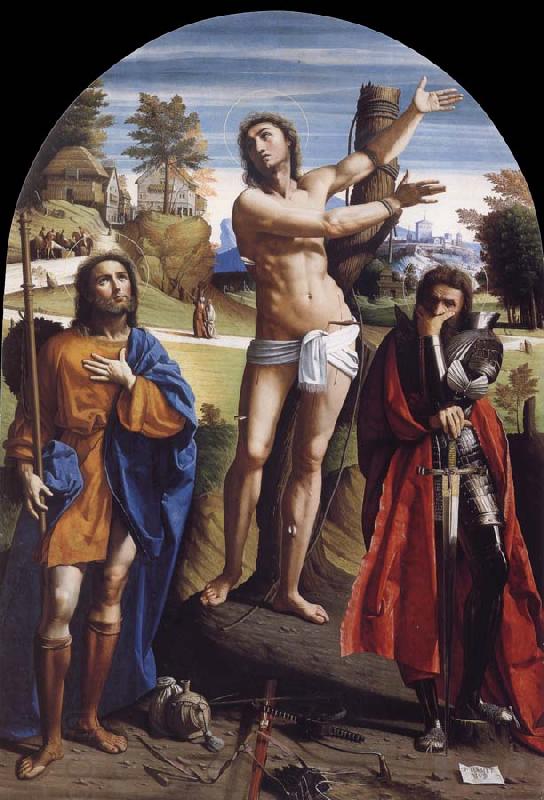 Giovanni Battista Ortolano Saint Sebastian with Saints Roch and Demetrius